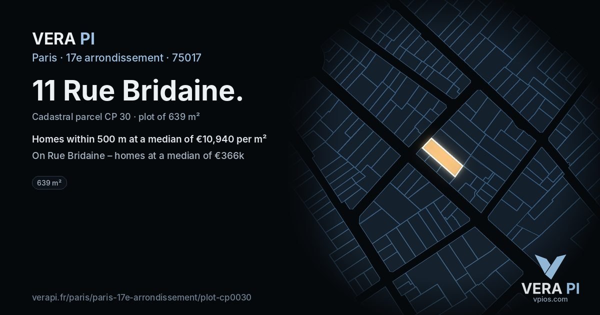 11 Rue Bridaine, 17e arrondissement at night – the plot lit, the parcels around coloured by the prices near them