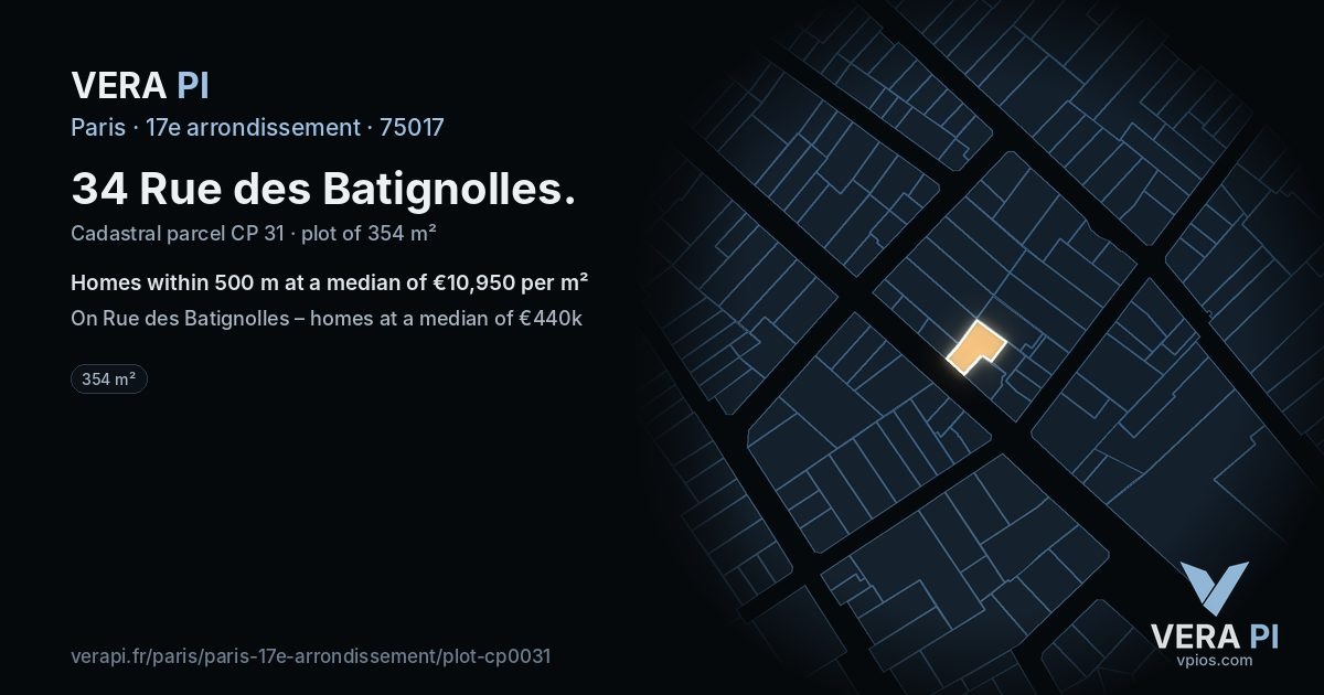 34 Rue des Batignolles, 17e arrondissement at night – the plot lit, the parcels around coloured by the prices near them
