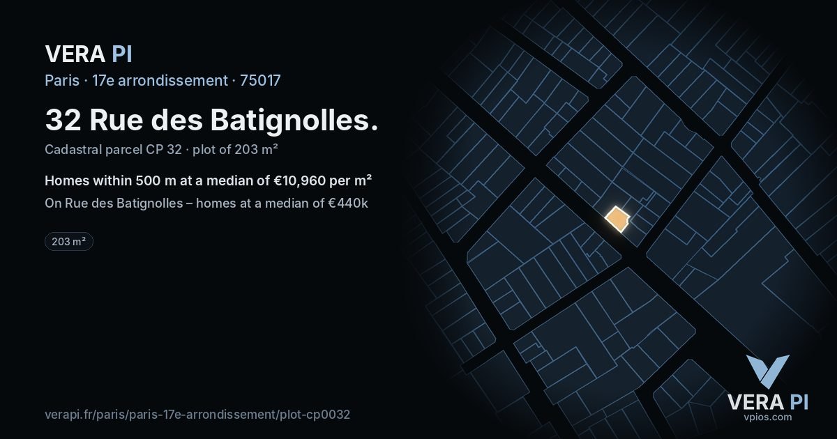 32 Rue des Batignolles, 17e arrondissement at night – the plot lit, the parcels around coloured by the prices near them
