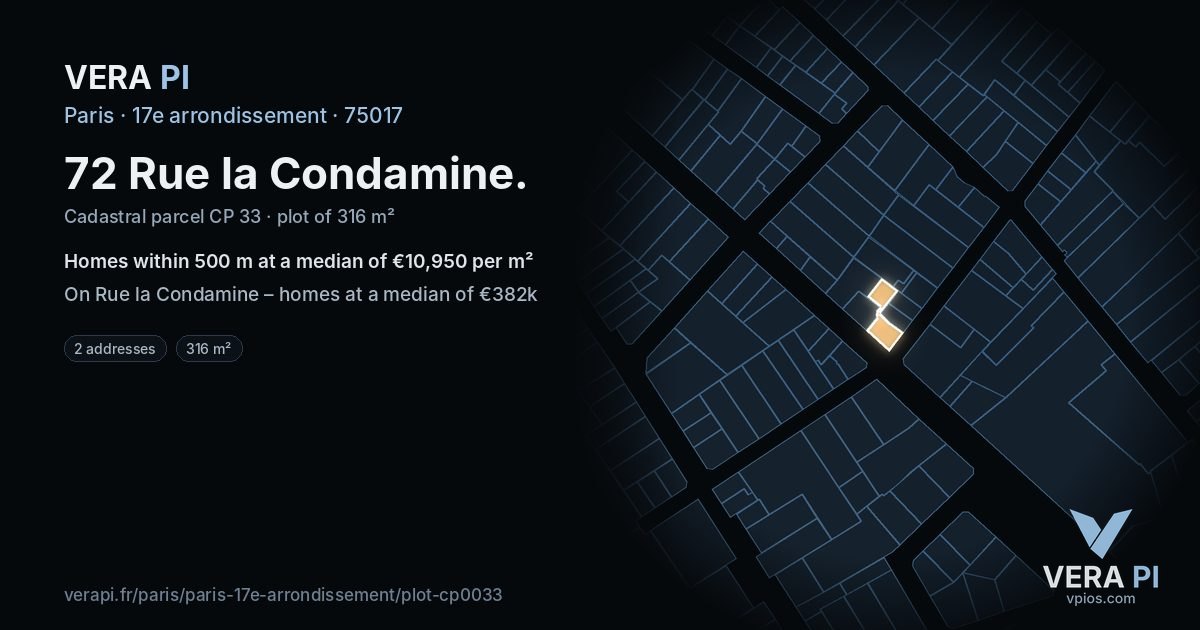 72 Rue la Condamine, 17e arrondissement at night – the plot lit, the parcels around coloured by the prices near them