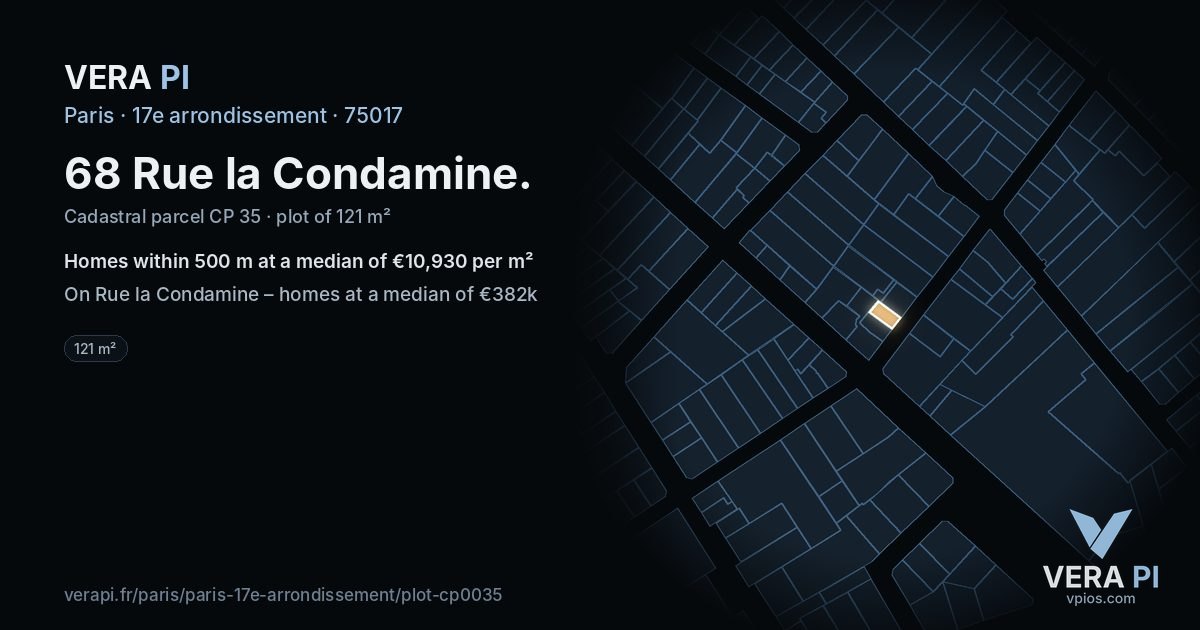 68 Rue la Condamine, 17e arrondissement at night – the plot lit, the parcels around coloured by the prices near them