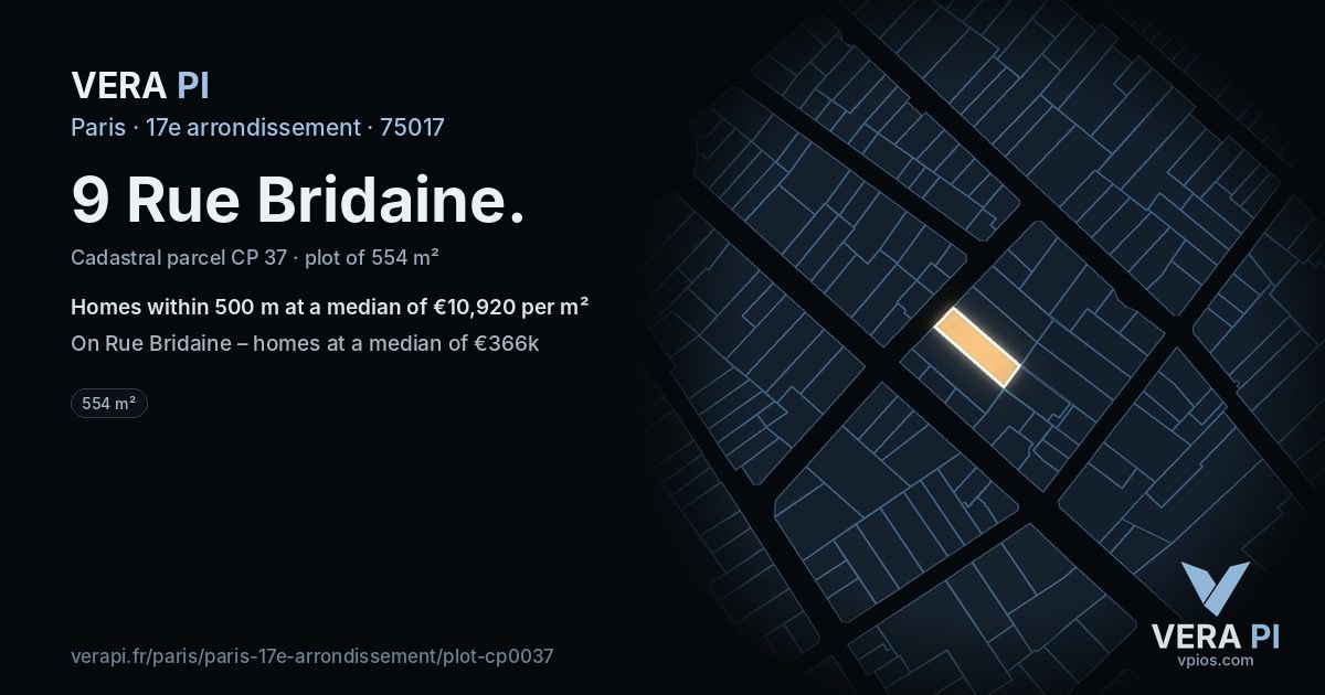 9 Rue Bridaine, 17e arrondissement at night – the plot lit, the parcels around coloured by the prices near them