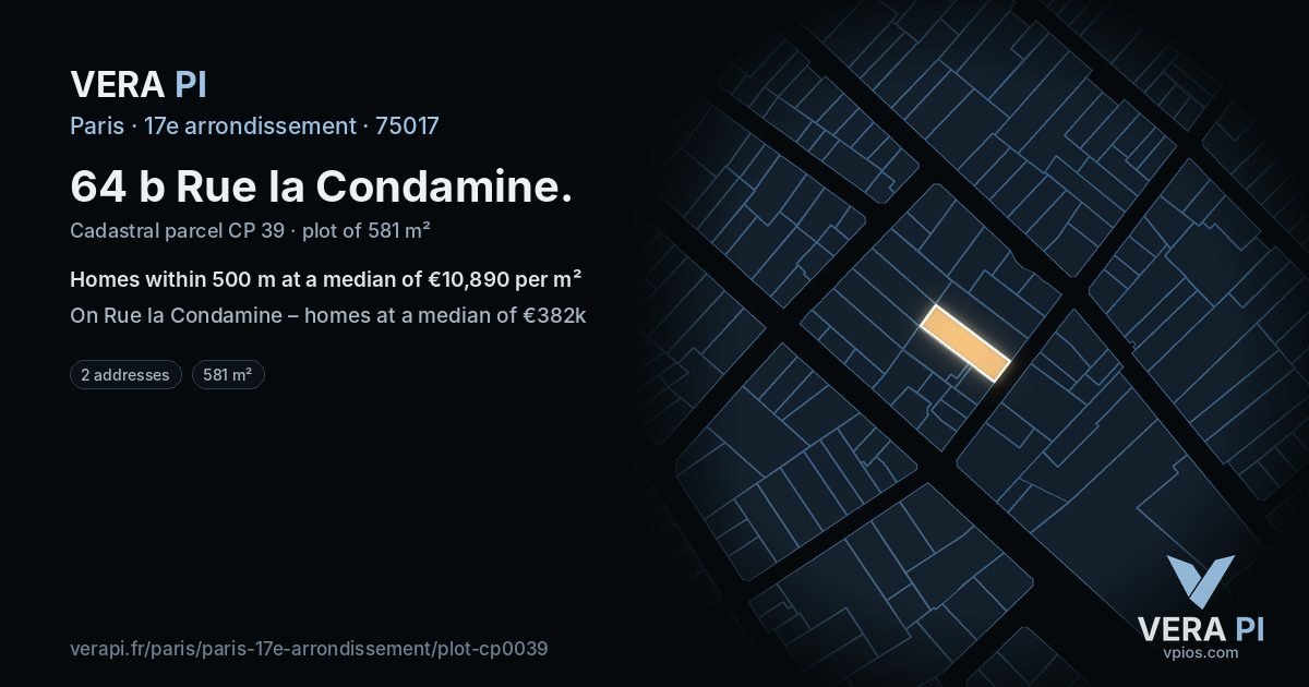 64 b Rue la Condamine, 17e arrondissement at night – the plot lit, the parcels around coloured by the prices near them