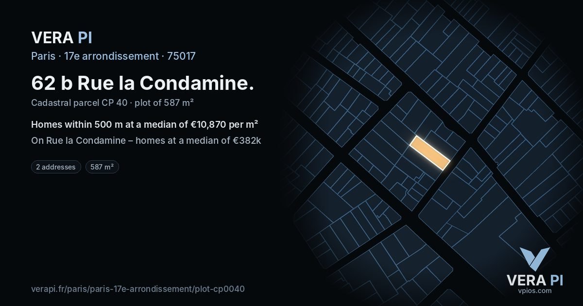 62 b Rue la Condamine, 17e arrondissement at night – the plot lit, the parcels around coloured by the prices near them