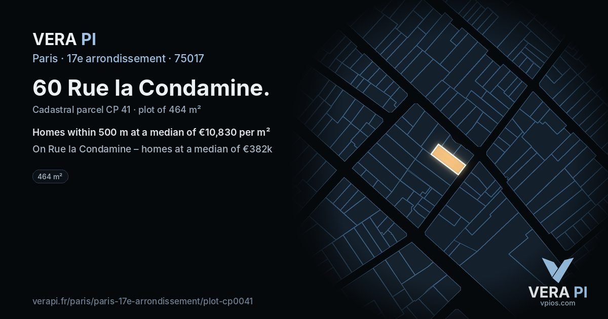 60 Rue la Condamine, 17e arrondissement at night – the plot lit, the parcels around coloured by the prices near them