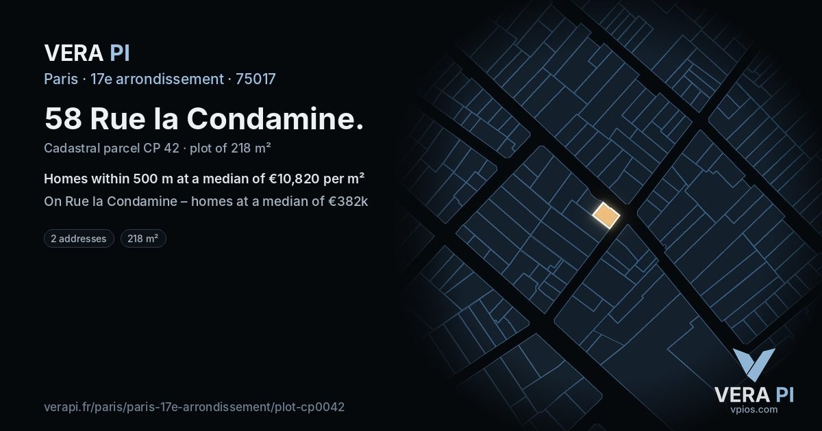 58 Rue la Condamine, 17e arrondissement at night – the plot lit, the parcels around coloured by the prices near them