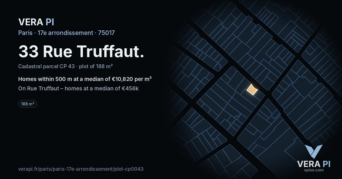 33 Rue Truffaut, 17e arrondissement at night – the plot lit, the parcels around coloured by the prices near them