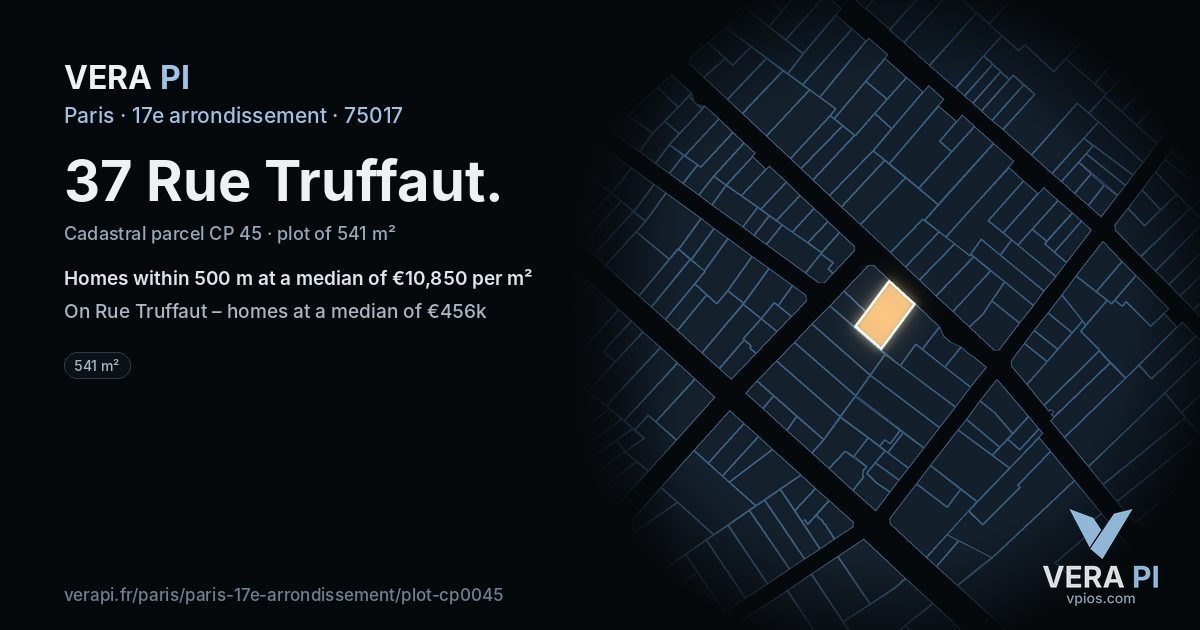 37 Rue Truffaut, 17e arrondissement at night – the plot lit, the parcels around coloured by the prices near them