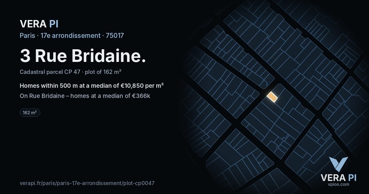 3 Rue Bridaine, 17e arrondissement at night – the plot lit, the parcels around coloured by the prices near them