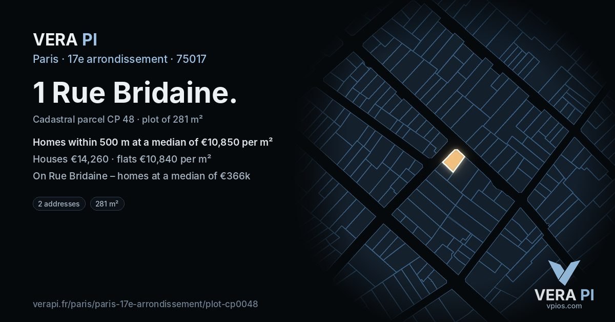 1 Rue Bridaine, 17e arrondissement at night – the plot lit, the parcels around coloured by the prices near them