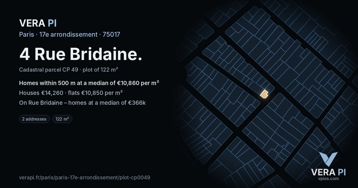 4 Rue Bridaine, 17e arrondissement at night – the plot lit, the parcels around coloured by the prices near them