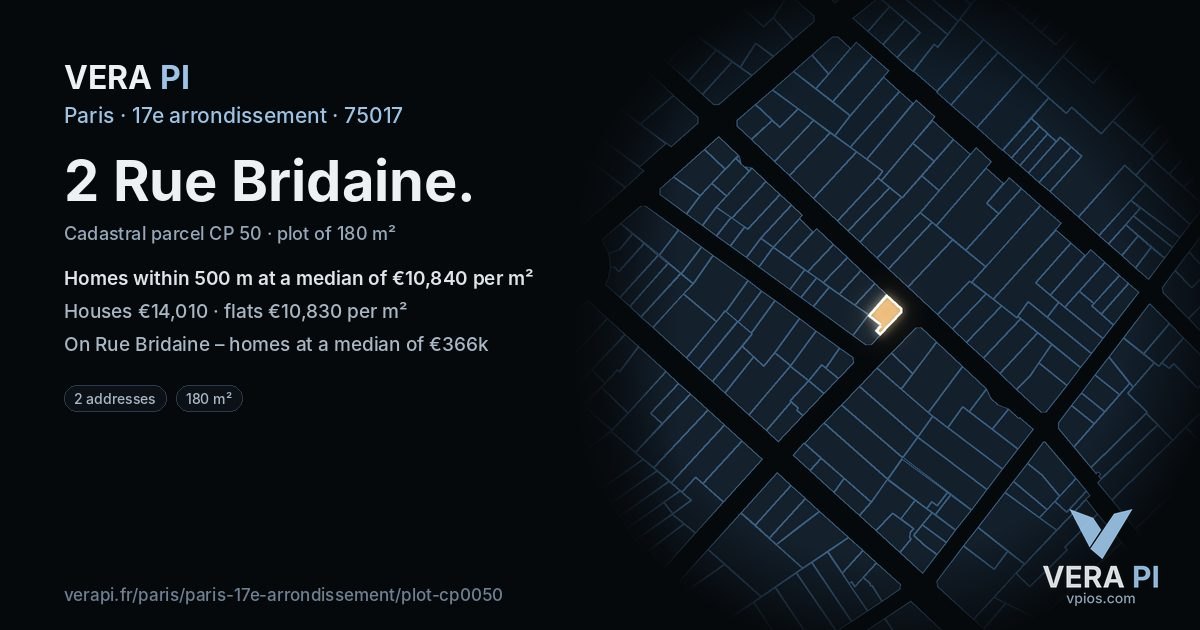 2 Rue Bridaine, 17e arrondissement at night – the plot lit, the parcels around coloured by the prices near them