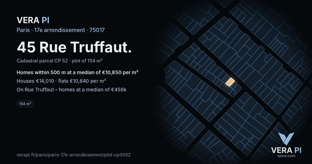 45 Rue Truffaut, 17e arrondissement at night – the plot lit, the parcels around coloured by the prices near them