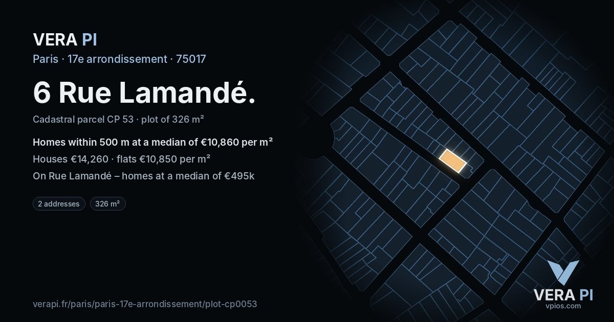 6 Rue Lamandé, 17e arrondissement at night – the plot lit, the parcels around coloured by the prices near them