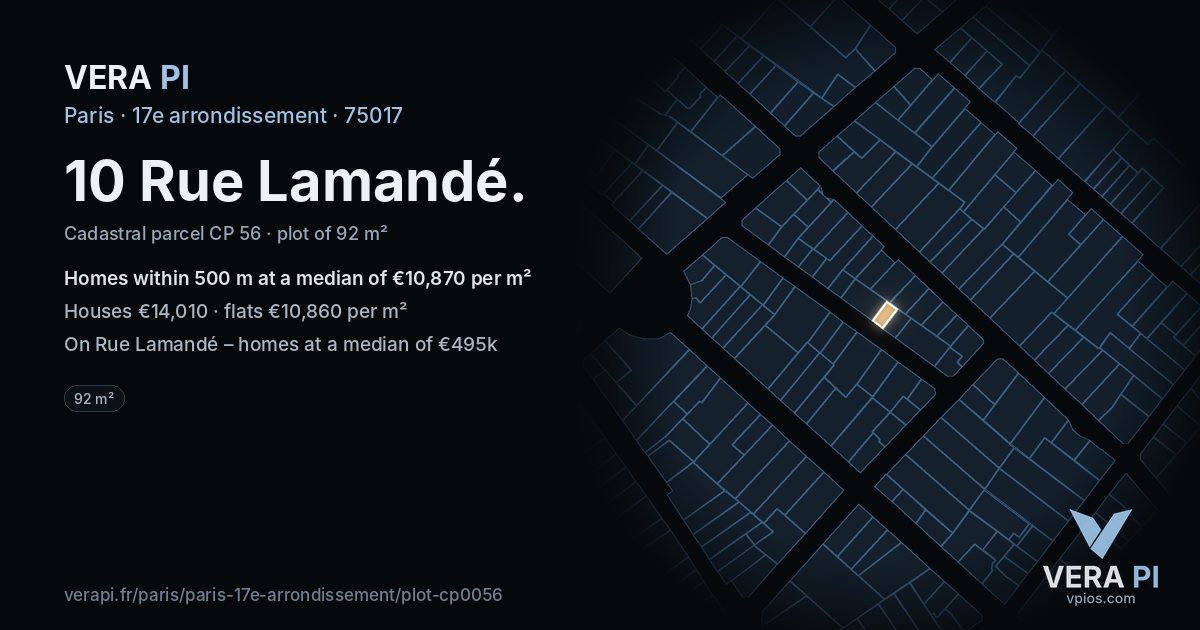 10 Rue Lamandé, 17e arrondissement at night – the plot lit, the parcels around coloured by the prices near them