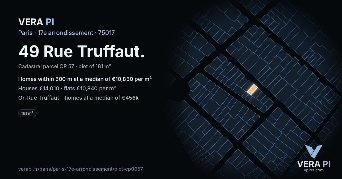 49 Rue Truffaut, 17e arrondissement at night – the plot lit, the parcels around coloured by the prices near them