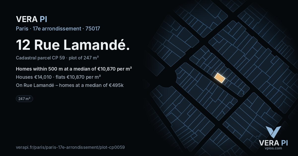 12 Rue Lamandé, 17e arrondissement at night – the plot lit, the parcels around coloured by the prices near them