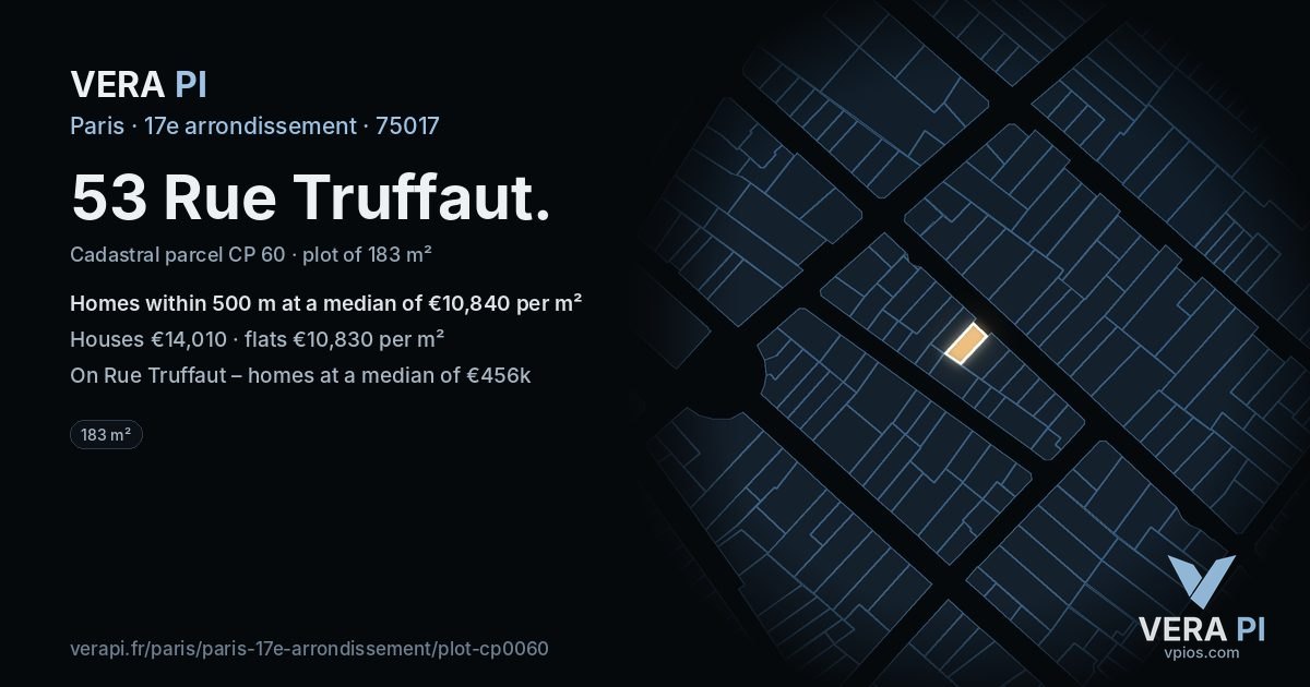 53 Rue Truffaut, 17e arrondissement at night – the plot lit, the parcels around coloured by the prices near them