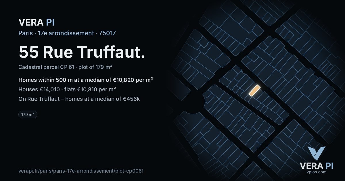 55 Rue Truffaut, 17e arrondissement at night – the plot lit, the parcels around coloured by the prices near them