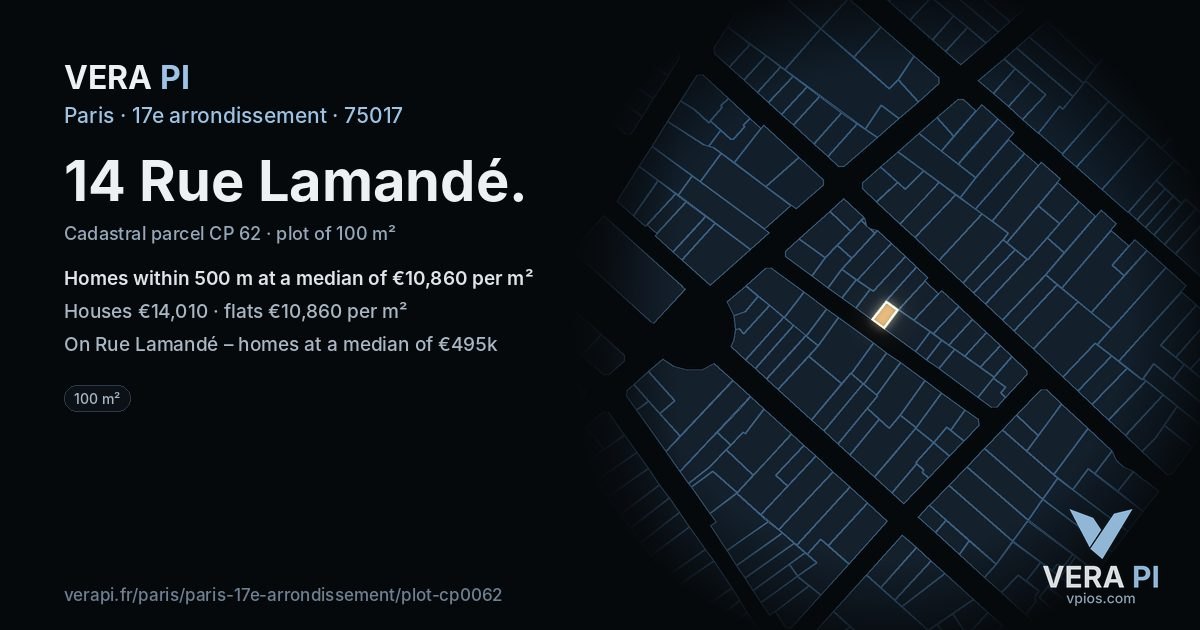 14 Rue Lamandé, 17e arrondissement at night – the plot lit, the parcels around coloured by the prices near them
