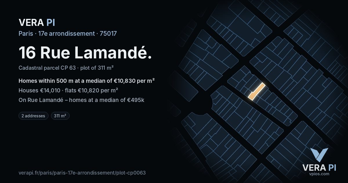 16 Rue Lamandé, 17e arrondissement at night – the plot lit, the parcels around coloured by the prices near them