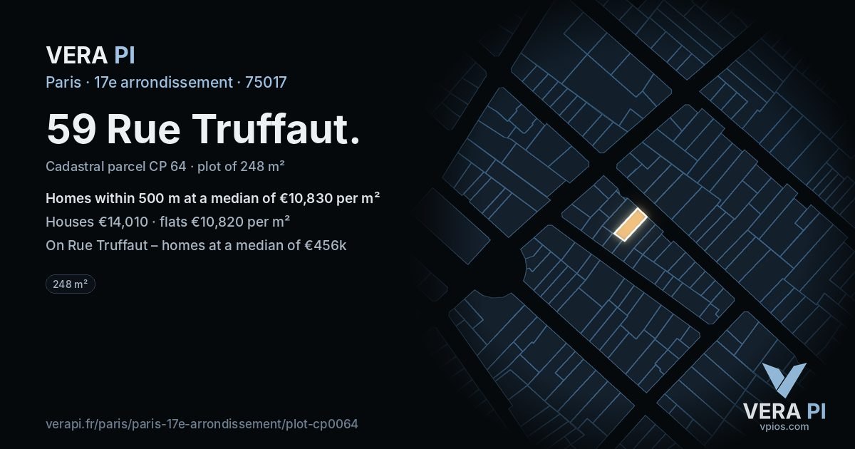 59 Rue Truffaut, 17e arrondissement at night – the plot lit, the parcels around coloured by the prices near them