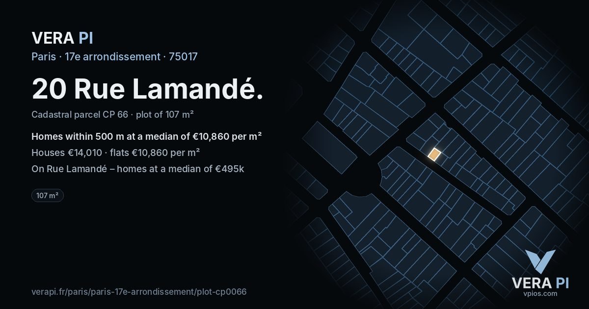 20 Rue Lamandé, 17e arrondissement at night – the plot lit, the parcels around coloured by the prices near them