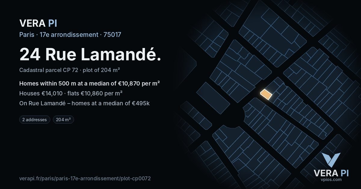 24 Rue Lamandé, 17e arrondissement at night – the plot lit, the parcels around coloured by the prices near them