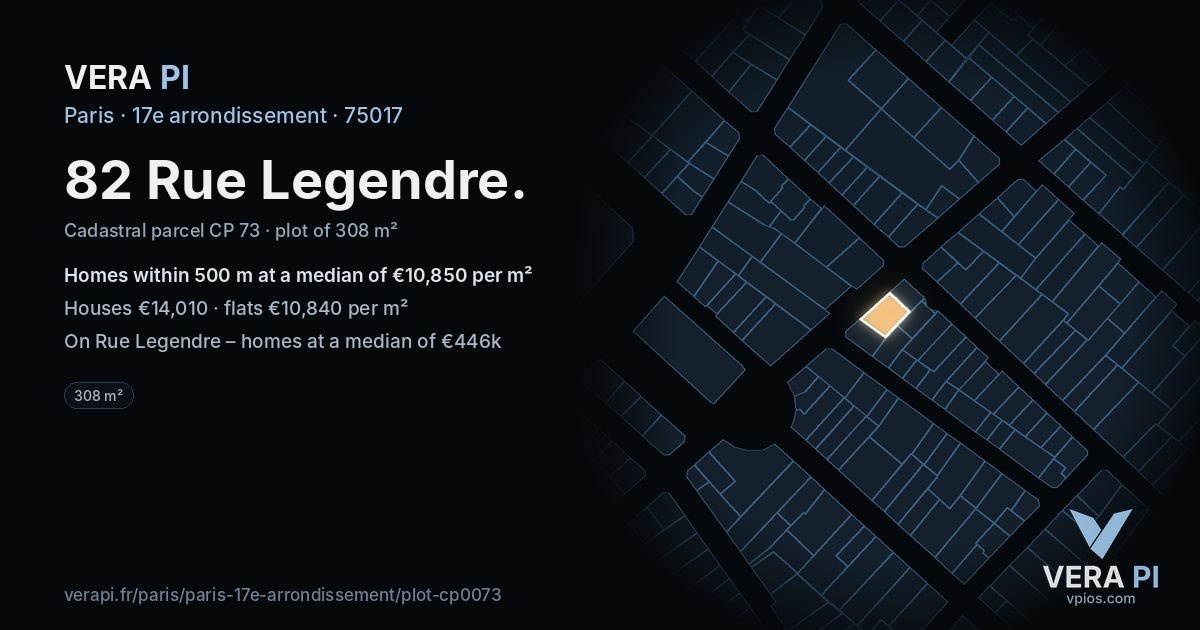 82 Rue Legendre, 17e arrondissement at night – the plot lit, the parcels around coloured by the prices near them