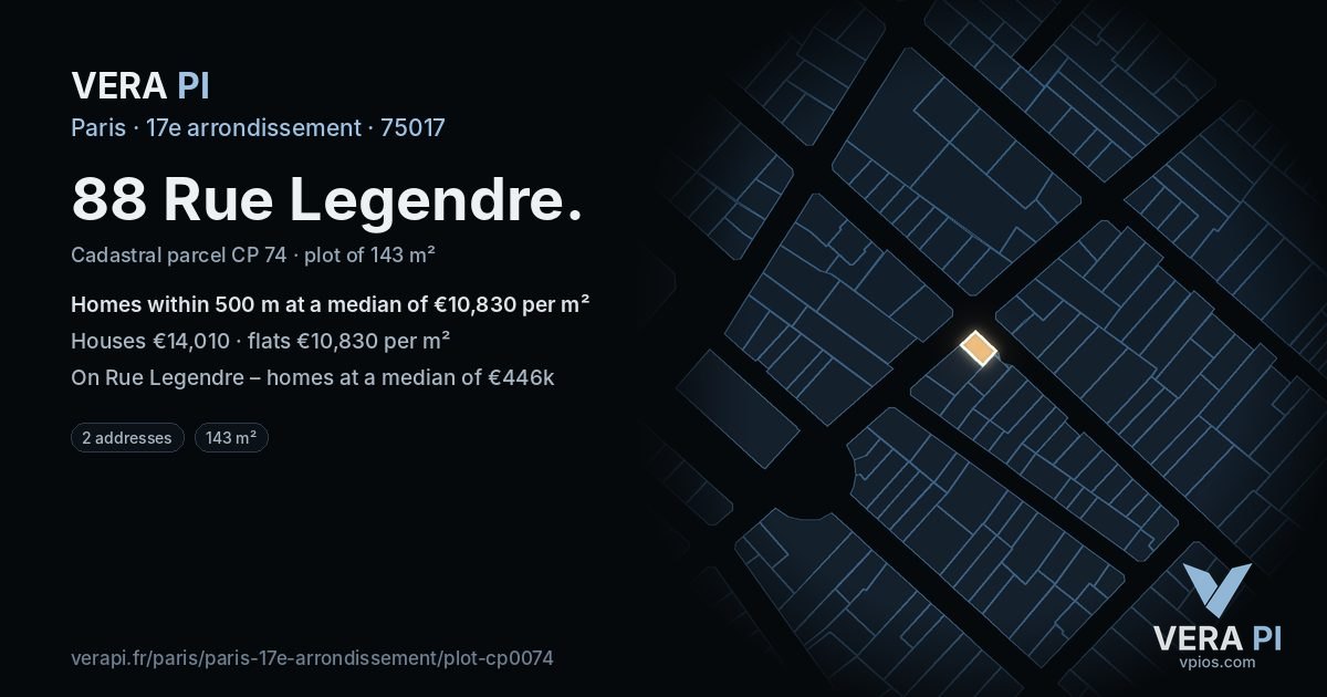 88 Rue Legendre, 17e arrondissement at night – the plot lit, the parcels around coloured by the prices near them