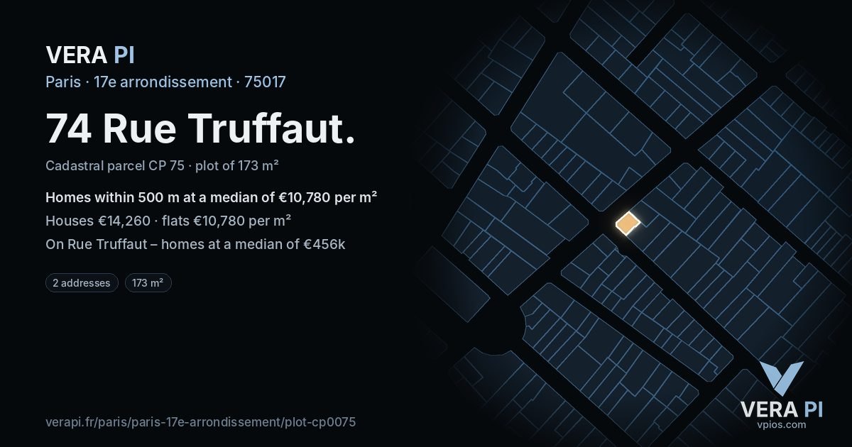 74 Rue Truffaut, 17e arrondissement at night – the plot lit, the parcels around coloured by the prices near them
