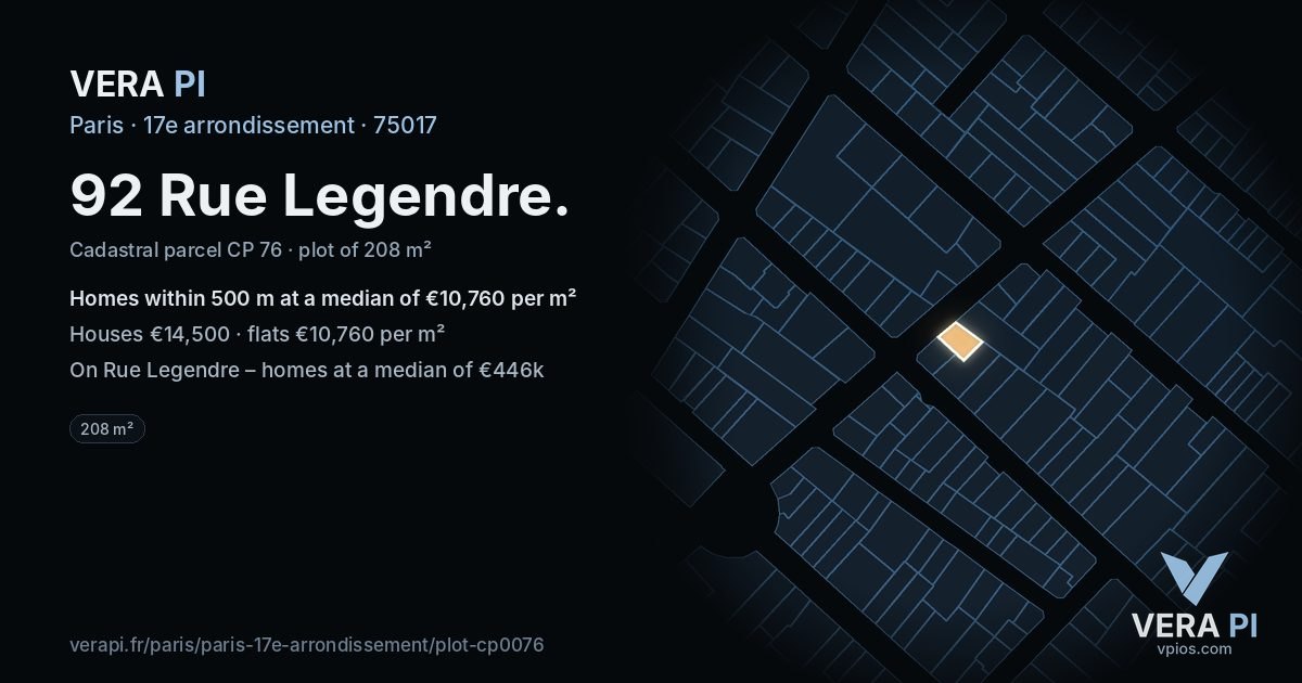 92 Rue Legendre, 17e arrondissement at night – the plot lit, the parcels around coloured by the prices near them