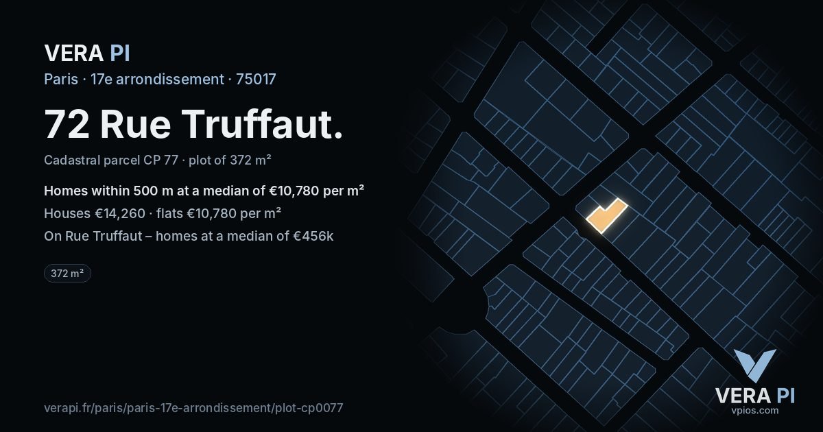 72 Rue Truffaut, 17e arrondissement at night – the plot lit, the parcels around coloured by the prices near them