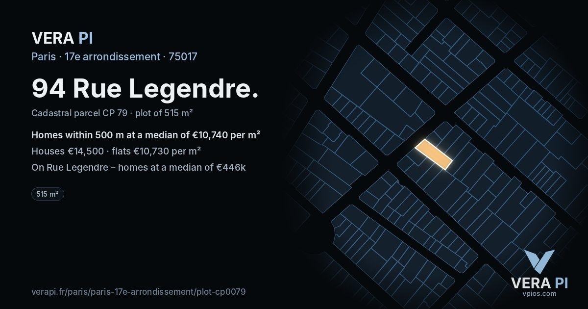 94 Rue Legendre, 17e arrondissement at night – the plot lit, the parcels around coloured by the prices near them