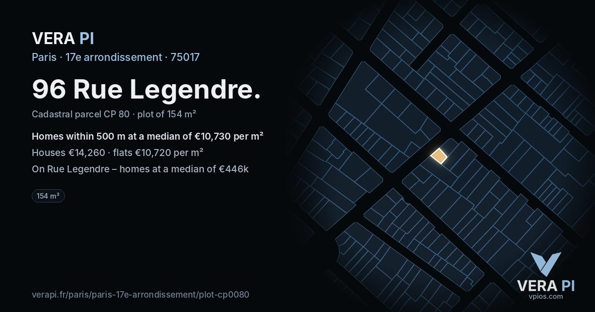 96 Rue Legendre, 17e arrondissement at night – the plot lit, the parcels around coloured by the prices near them