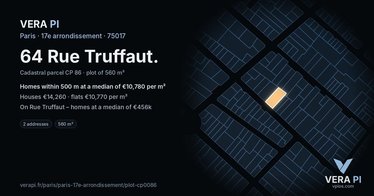 64 Rue Truffaut, 17e arrondissement at night – the plot lit, the parcels around coloured by the prices near them