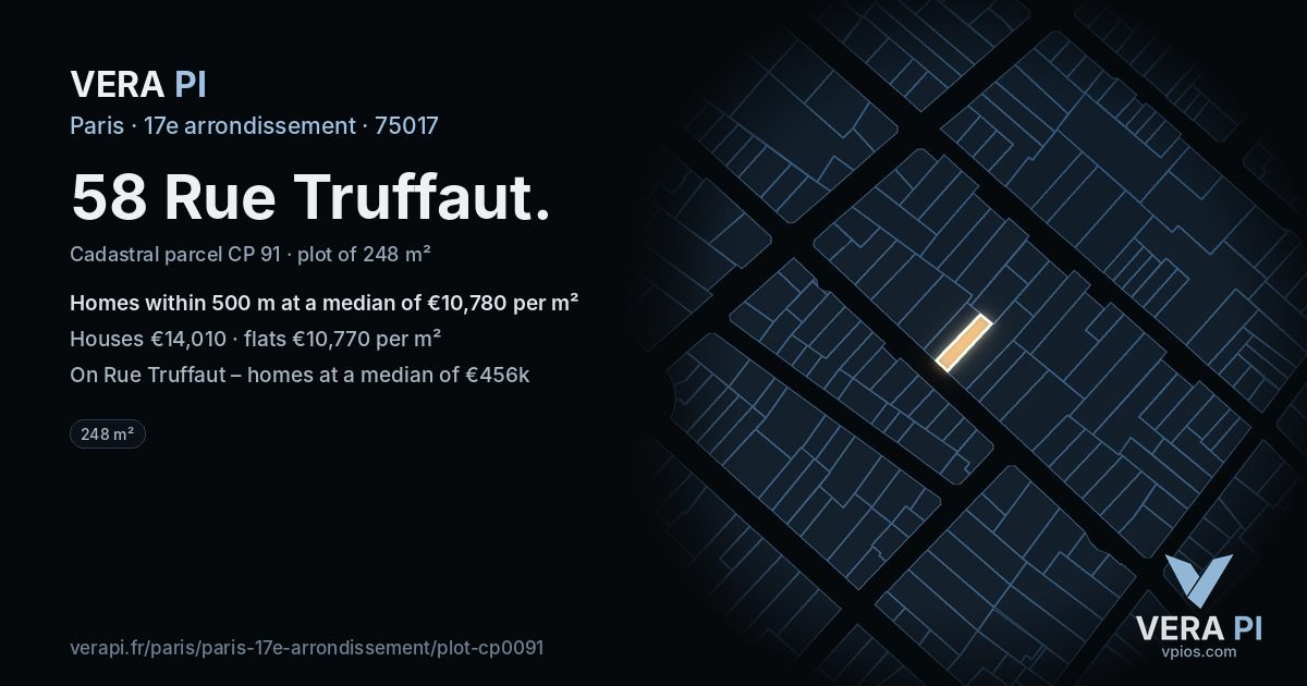 58 Rue Truffaut, 17e arrondissement at night – the plot lit, the parcels around coloured by the prices near them