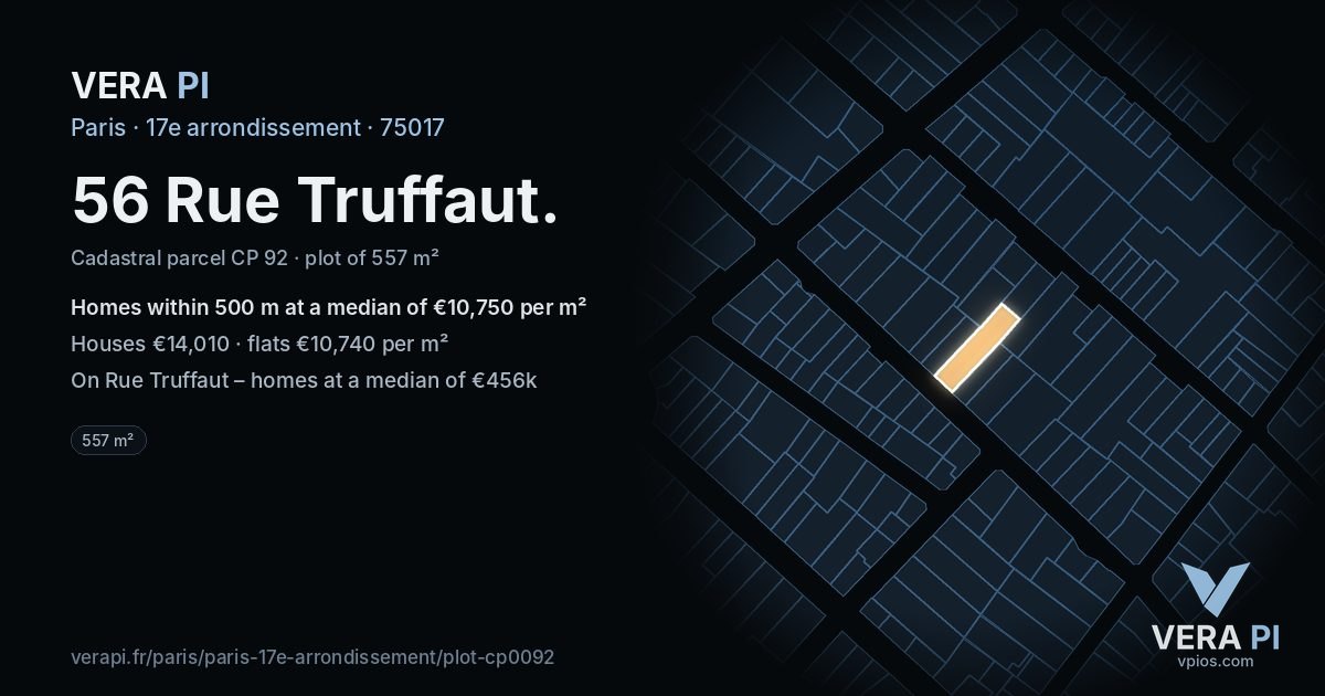 56 Rue Truffaut, 17e arrondissement at night – the plot lit, the parcels around coloured by the prices near them