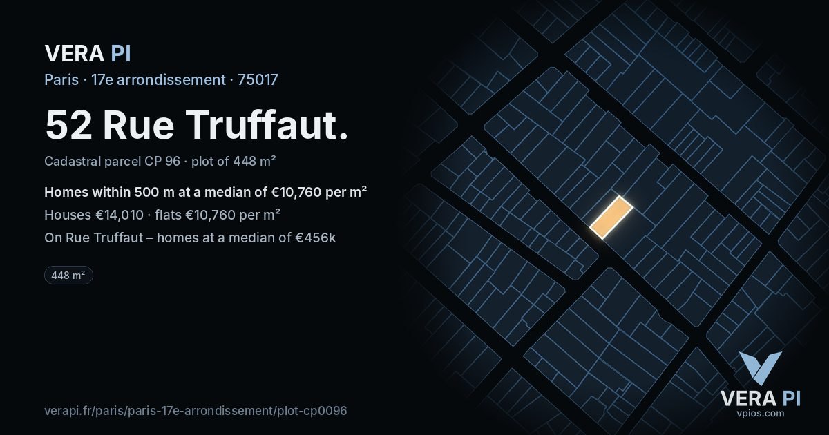 52 Rue Truffaut, 17e arrondissement at night – the plot lit, the parcels around coloured by the prices near them