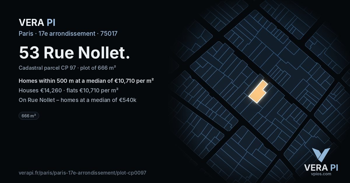 53 Rue Nollet, 17e arrondissement at night – the plot lit, the parcels around coloured by the prices near them