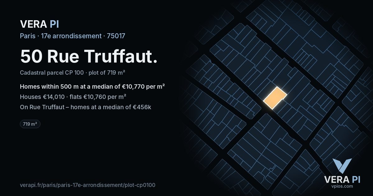 50 Rue Truffaut, 17e arrondissement at night – the plot lit, the parcels around coloured by the prices near them