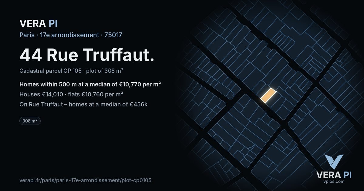 44 Rue Truffaut, 17e arrondissement at night – the plot lit, the parcels around coloured by the prices near them