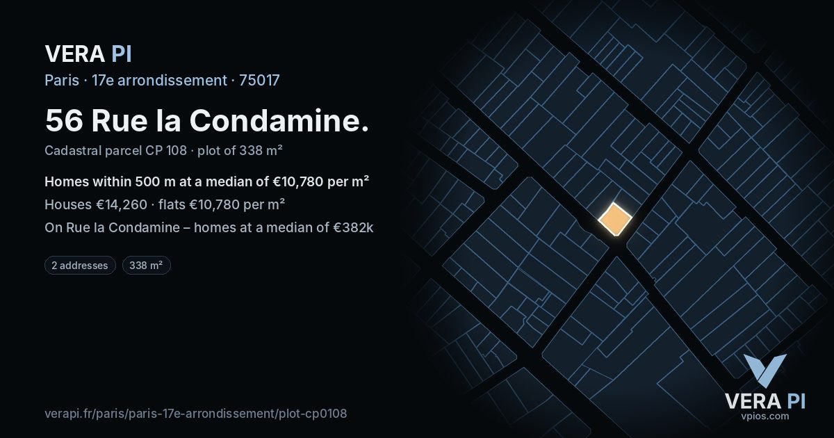 56 Rue la Condamine, 17e arrondissement at night – the plot lit, the parcels around coloured by the prices near them