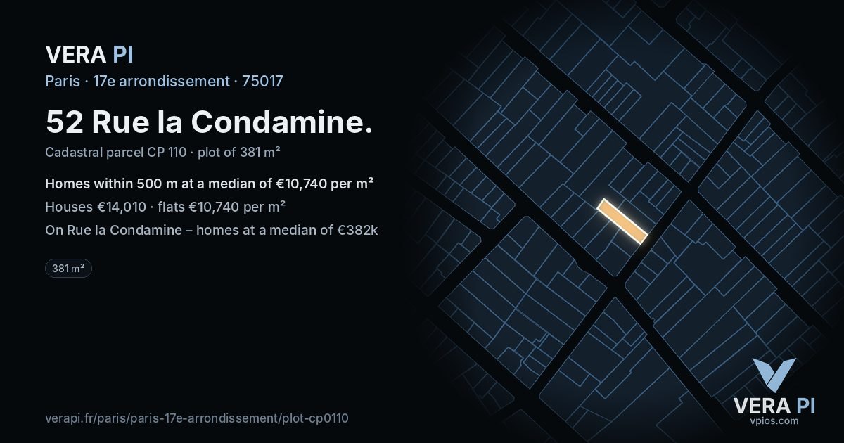 52 Rue la Condamine, 17e arrondissement at night – the plot lit, the parcels around coloured by the prices near them