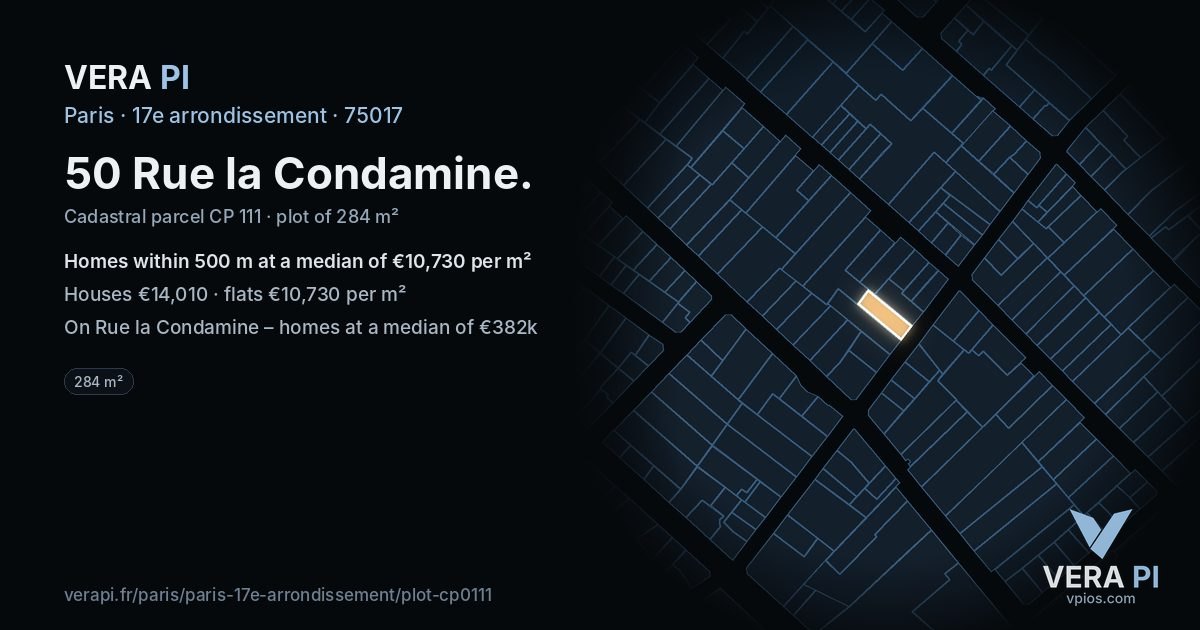 50 Rue la Condamine, 17e arrondissement at night – the plot lit, the parcels around coloured by the prices near them