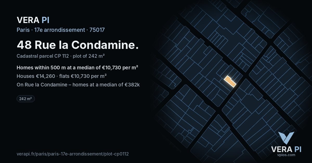 48 Rue la Condamine, 17e arrondissement at night – the plot lit, the parcels around coloured by the prices near them