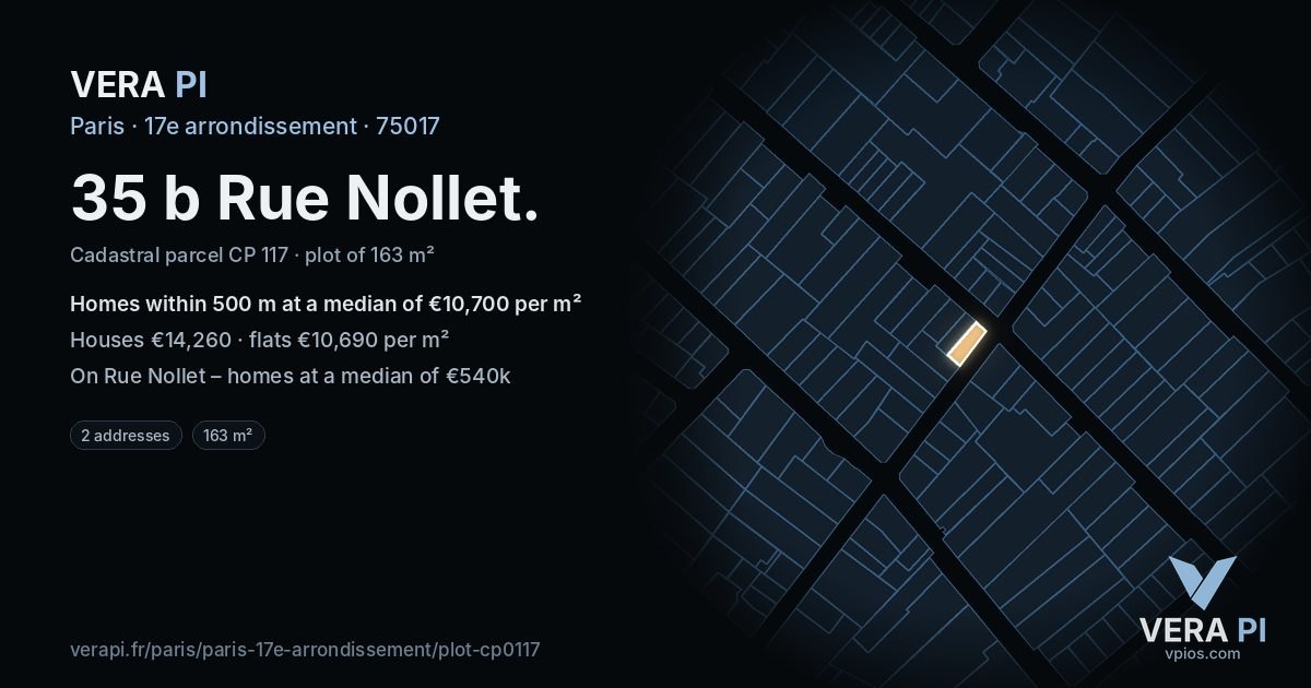 35 b Rue Nollet, 17e arrondissement at night – the plot lit, the parcels around coloured by the prices near them