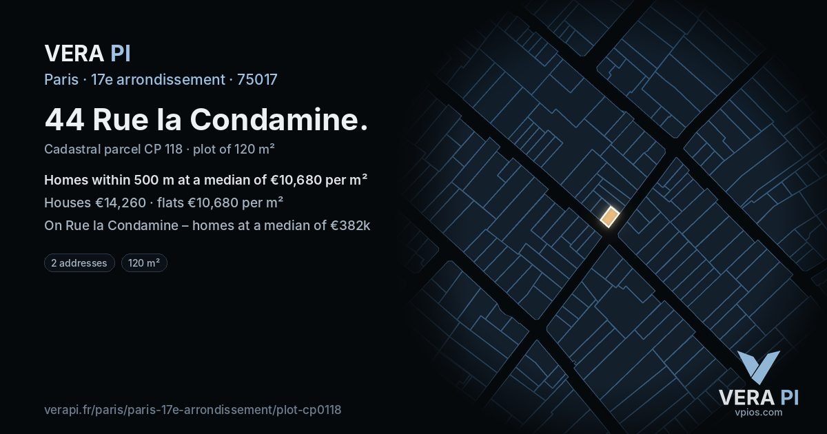 44 Rue la Condamine, 17e arrondissement at night – the plot lit, the parcels around coloured by the prices near them