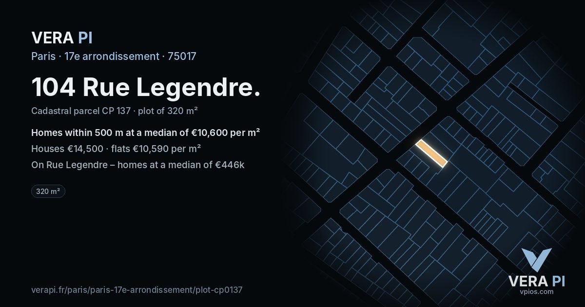104 Rue Legendre, 17e arrondissement at night – the plot lit, the parcels around coloured by the prices near them