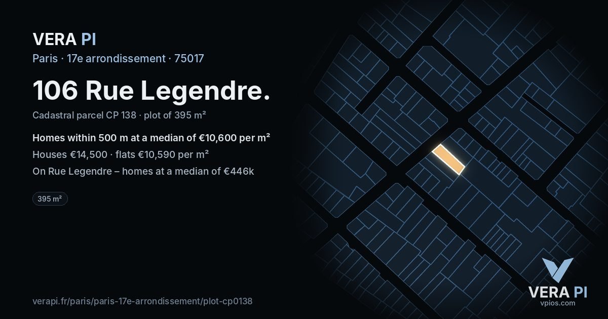 106 Rue Legendre, 17e arrondissement at night – the plot lit, the parcels around coloured by the prices near them